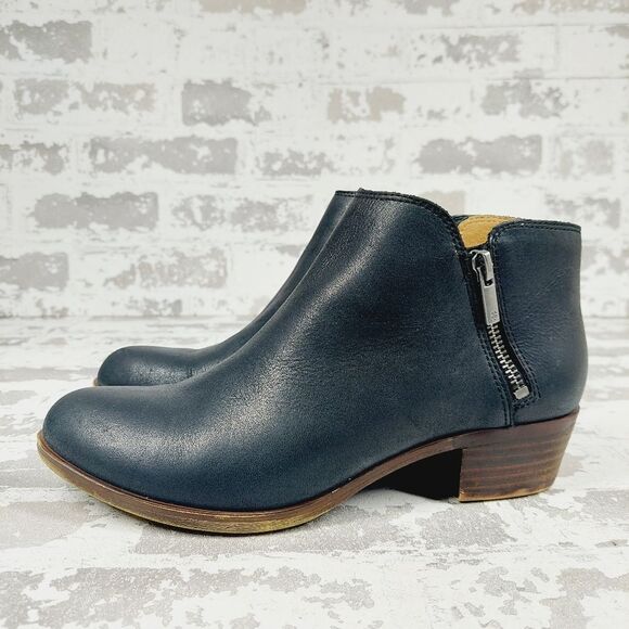 Lucky Brand Burklee Black Leather Side Zip Block Heel Ankle Bootie C551 - Picture 1 of 12